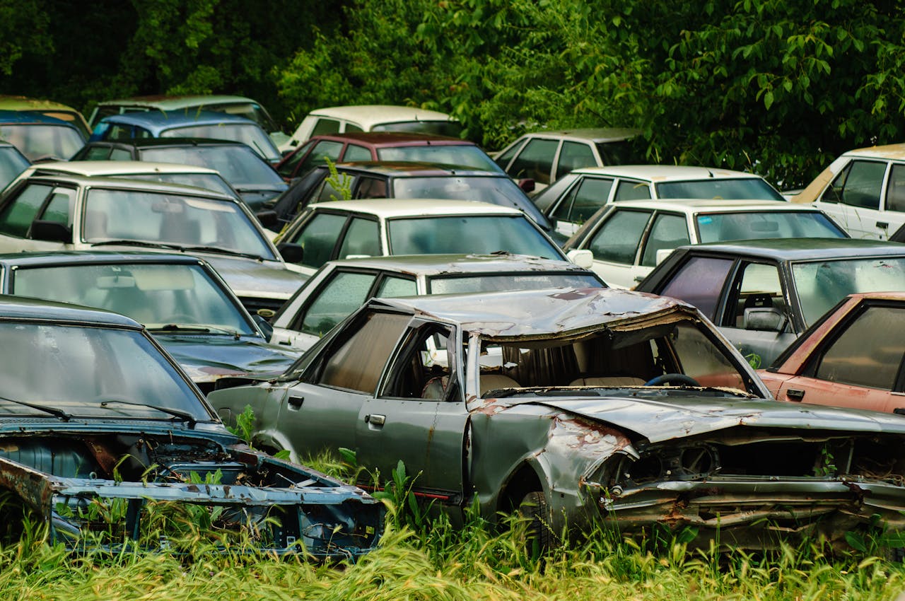 Services A collection of vintage cars, damaged and abandoned in a lush green junkyard.